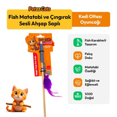 PetzzCats Fish Matatabi ve Çıngırak Sesli Ahşap Saplı Kedi Olta Oyuncağı Mavi 42 Cm