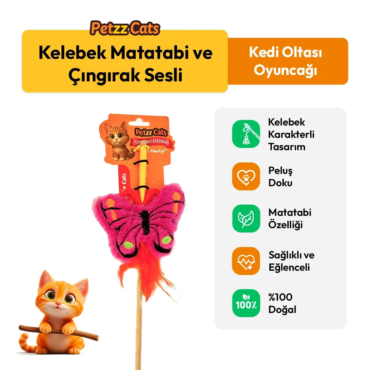 PetzzCats Kelebek Matatabi ve Çıngırak Sesli Kedi Oltası Oyuncağı Pembe 42 Cm