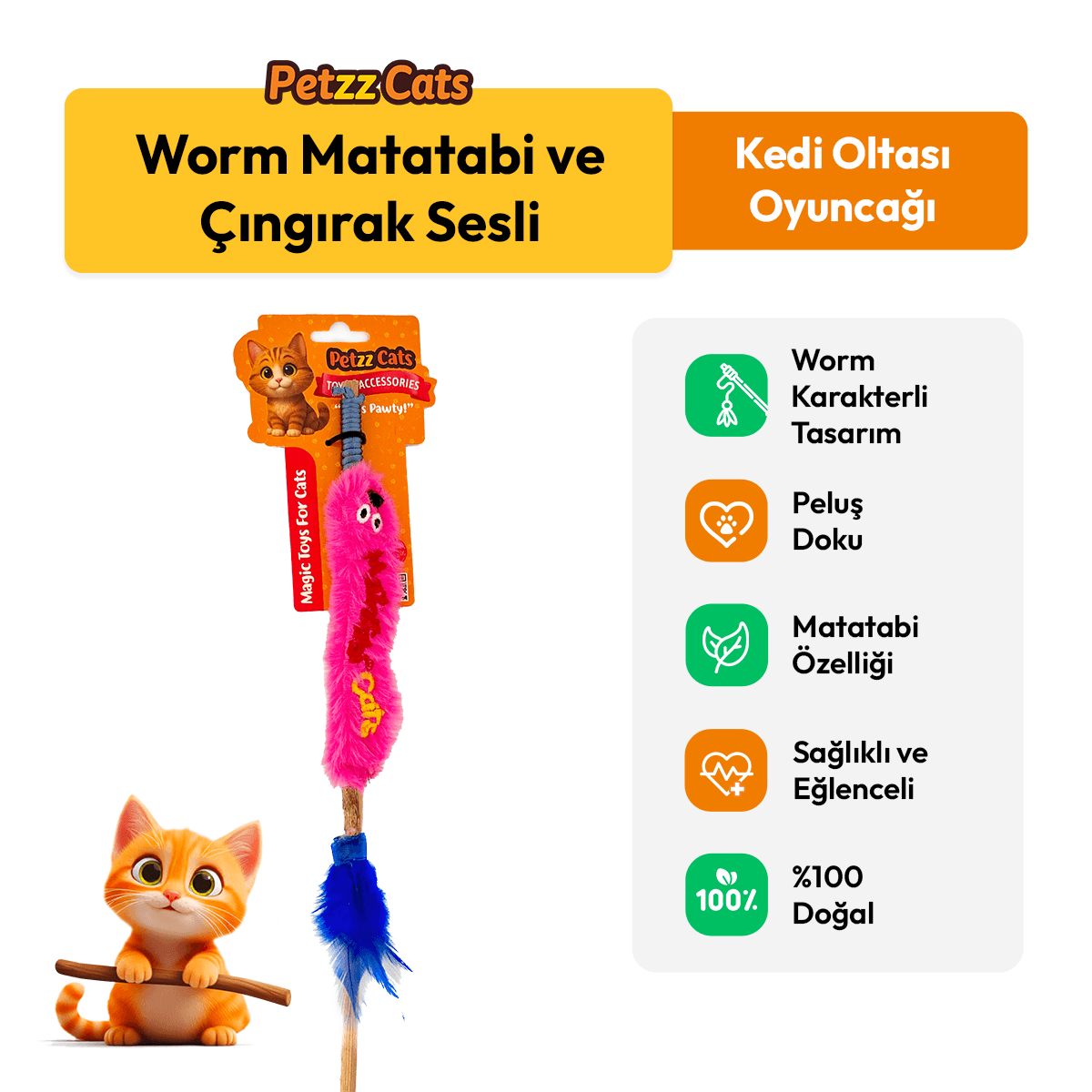 PetzzCats Worm Matatabi ve Çıngırak Sesli Kedi Oltası Oyuncağı Pembe 42 Cm