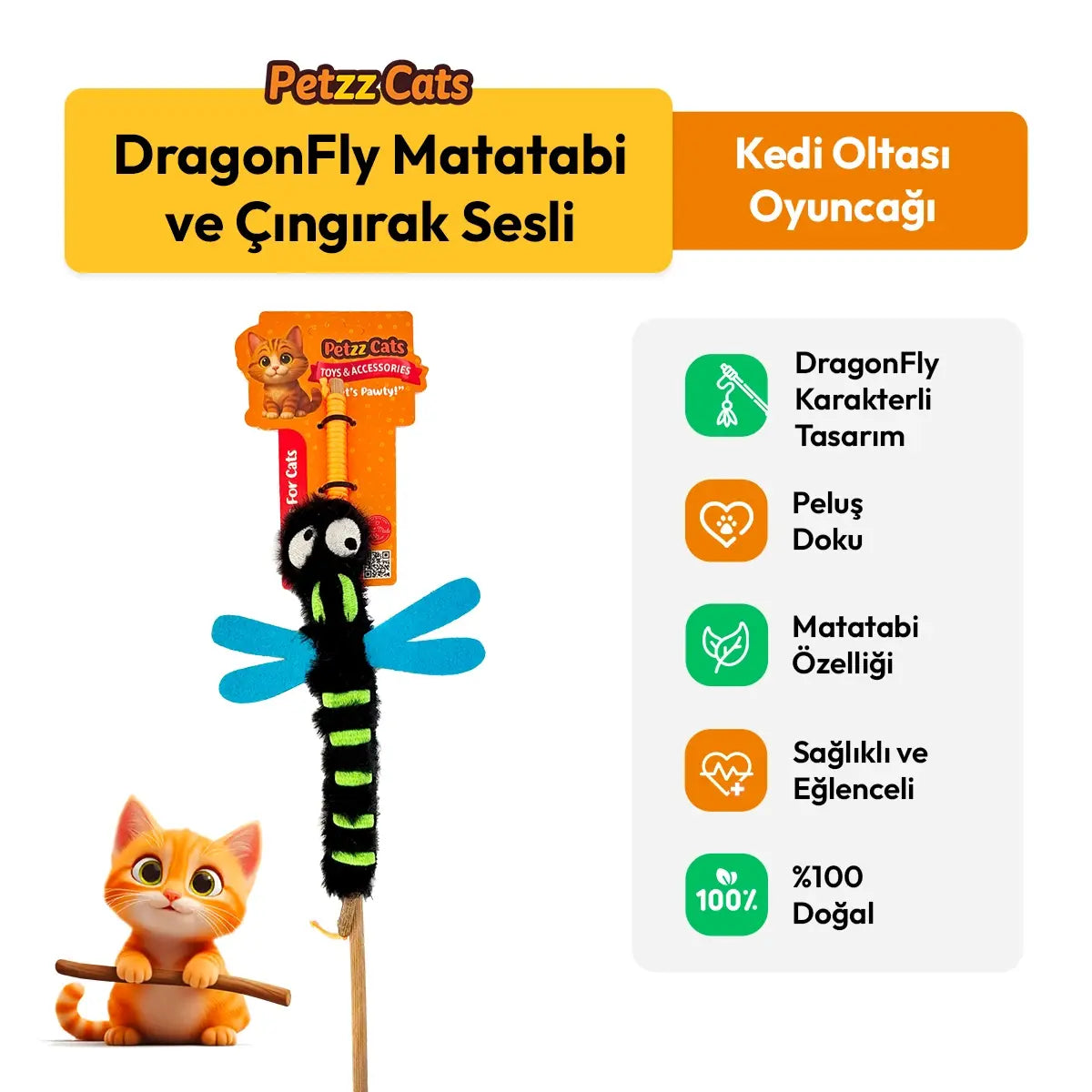 PetzzCats DragonFly Matatabi ve Çıngırak Sesli Kedi Oltası Oyuncağı Siyah 42 Cm
