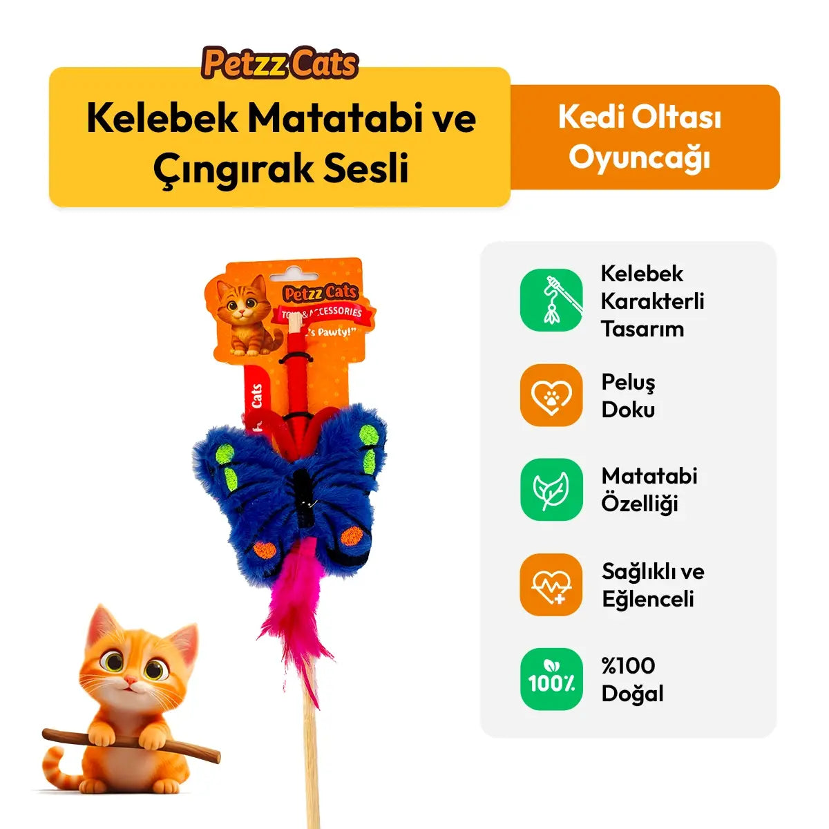 PetzzCats Kelebek Matatabi ve Çıngırak Sesli Kedi Oltası Oyuncağı Mavi 42 Cm
