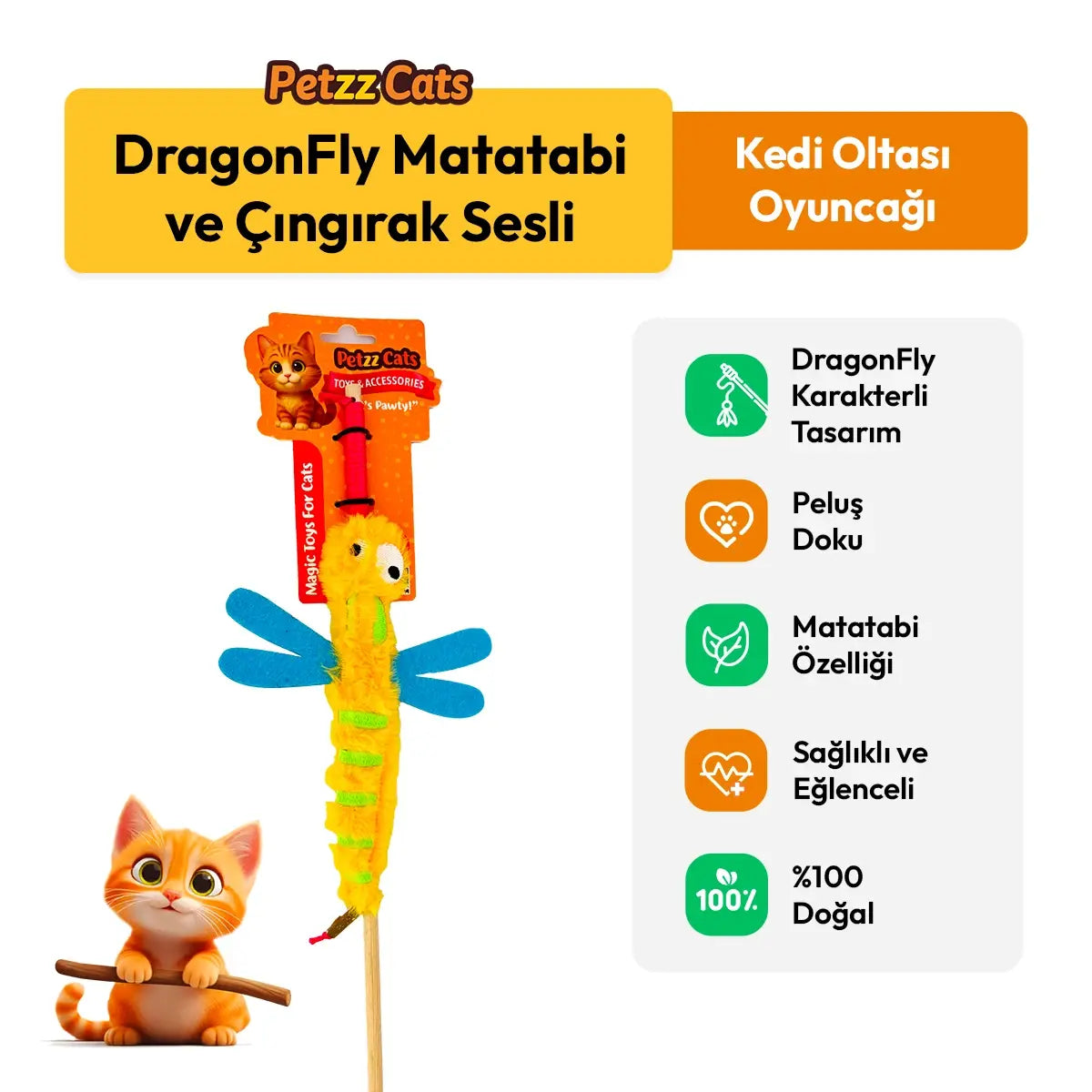 PetzzCats DragonFly Matatabi ve Çıngırak Sesli Kedi Oltası Oyuncağı Sarı 42 Cm