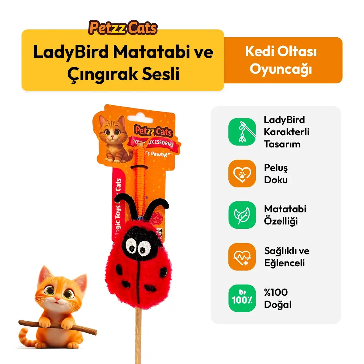 PetzzCats LadyBird Matatabi ve Çıngırak Sesli Kedi Oltası Oyuncağı Kırmızı/Siyah 42 Cm