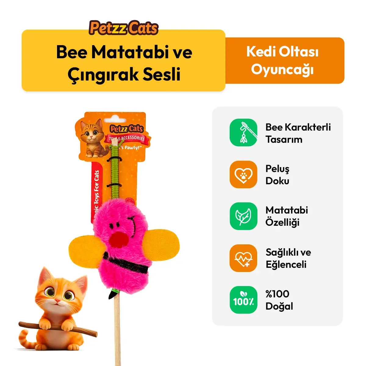 PetzzCats Bee Matatabi ve Çıngırak Sesli Kedi Oltası Oyuncağı Pembe 42 Cm