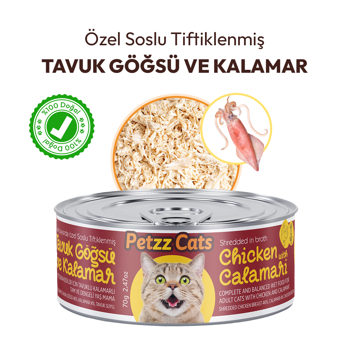 PetzzCats Tavuk  Kalamar Konserve Kedi Maması 1 Adet 70 Gr