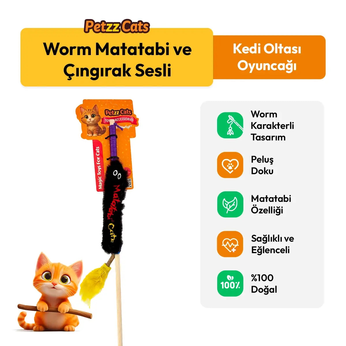 PetzzCats Worm Matatabi ve Çıngırak Sesli Kedi Oltası Oyuncağı Siyah 42 Cm