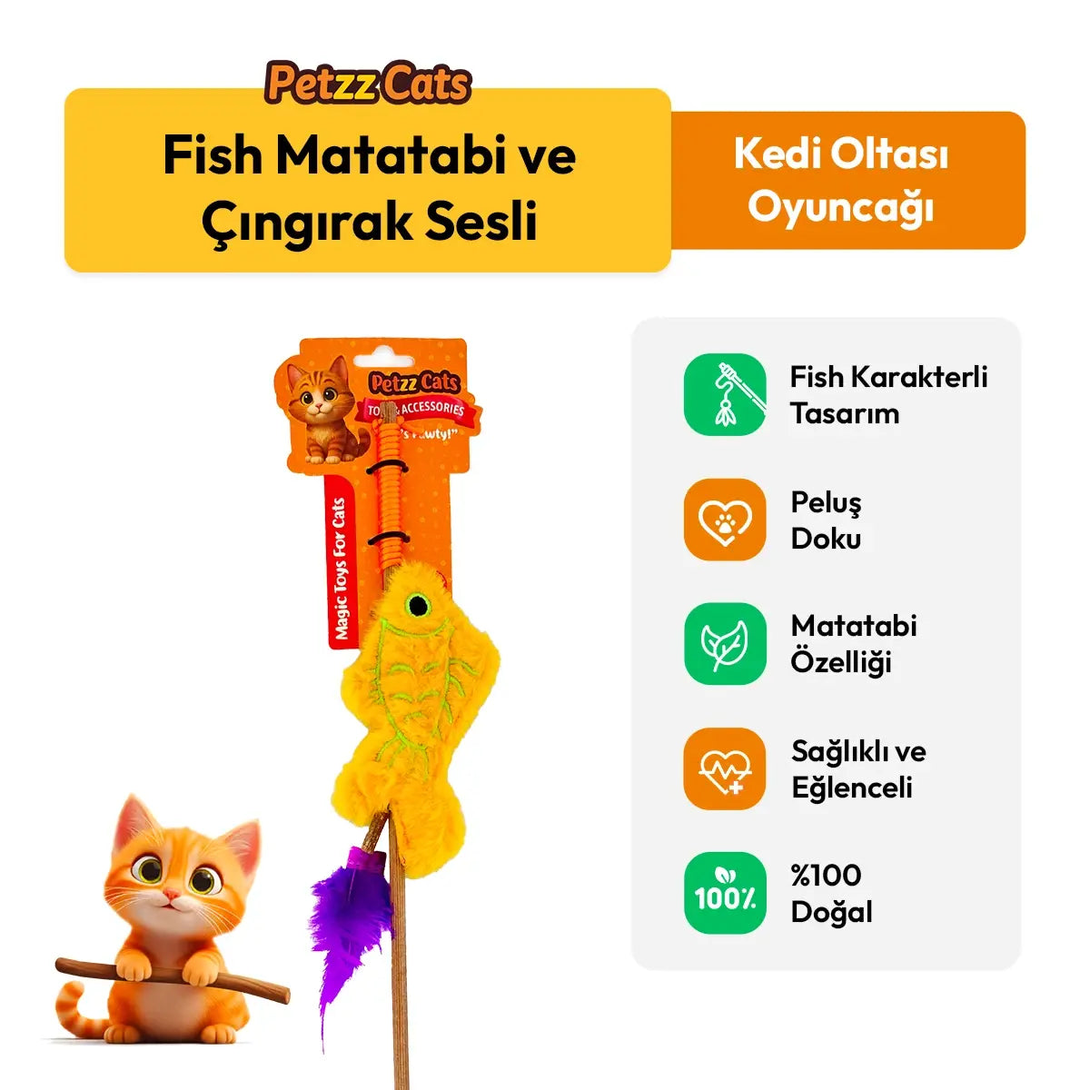 PetzzCats Fish Matatabi ve Çıngırak Sesli Kedi Oltası Oyuncağı Sarı 42 Cm