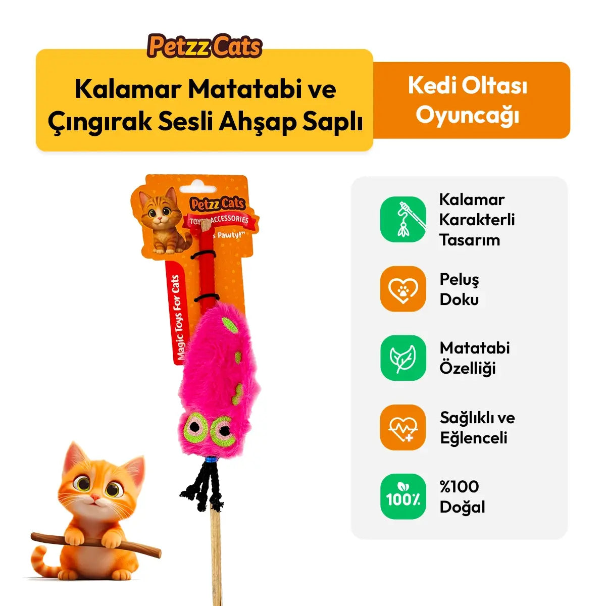 PetzzCats Kalamar Matatabi ve Çıngırak Sesli Kedi Oltası Oyuncağı Pembe 42 Cm
